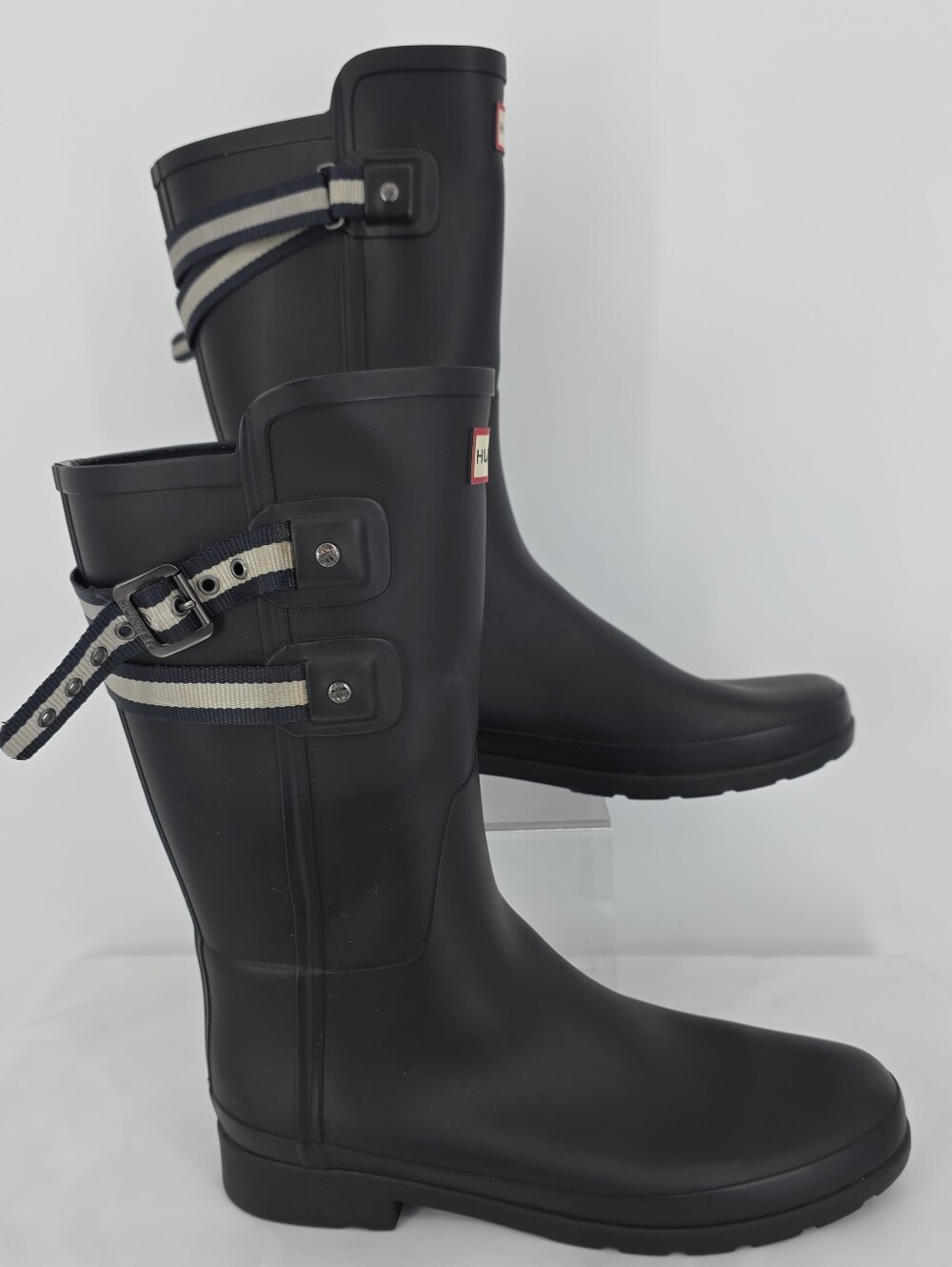 Hunter Womens 9 Black Rain Boots Striped Buckle Waterproof Rubber Wellies - Picture 2 of 11